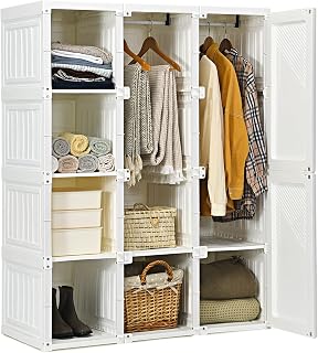Tangkula Portable Closet Wardrobe with 8 Cubbies & 2 Hanging Rods, Foldable Organizer, Magnet Doors, Easy Assembly Bedroom Armoire