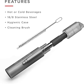 ZOKU Reusable Metal Straw with Case for Travel, Charcoal - Collapsible Stainless Steel Drinking Straw with Silicone Tip and Cleaner Brush, Ideal for Key Chains, Pockets, Purses