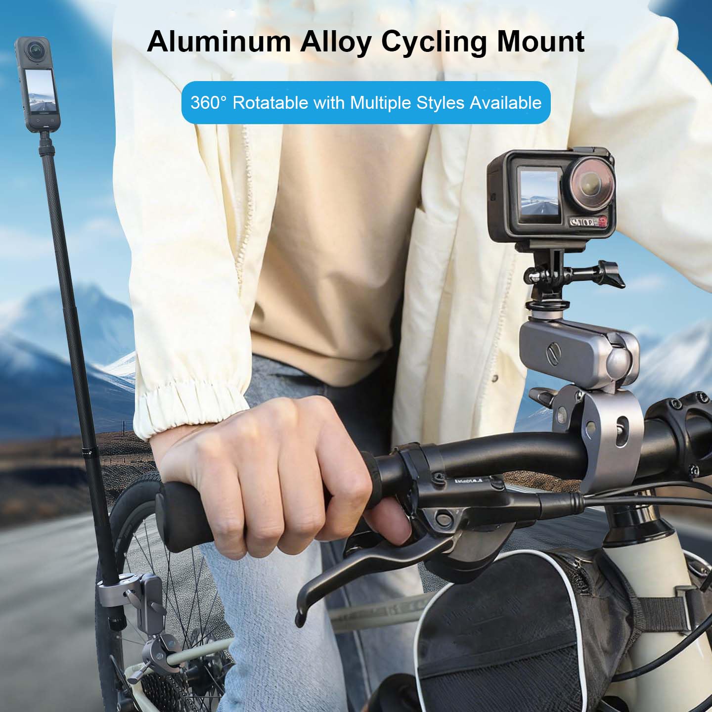 Soporte de cámara de acción para Insta360 y para cámaras DJI, soporte de brazo de manillar de motocicleta con rotación de 360 grados para accesorios de grabación de ciclismo (estándar)