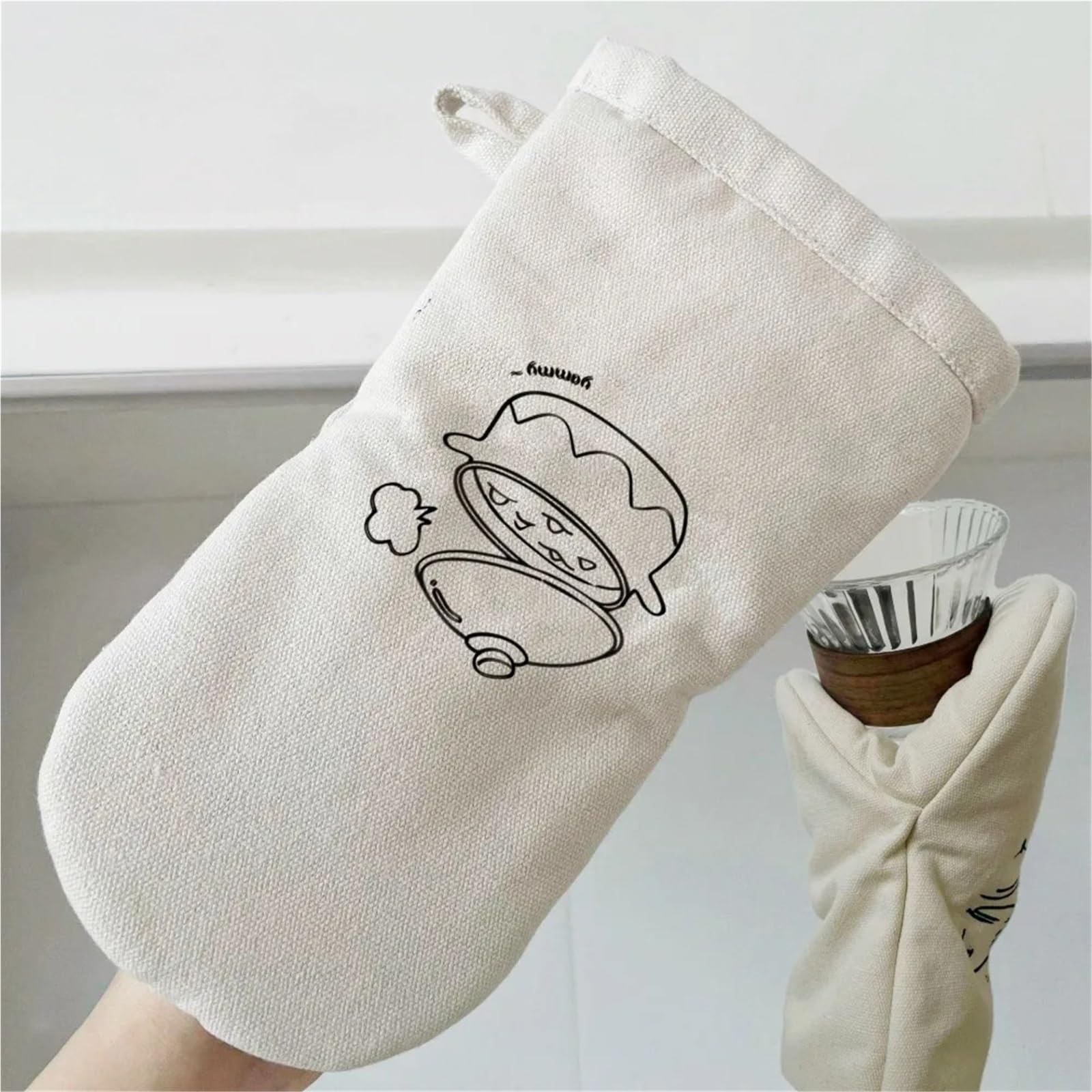 MRKU Guantes de Cocina para Hornear, prácticos, antiescaldaduras, de algodón Grueso, con Clip para Colgar, Color Beige.