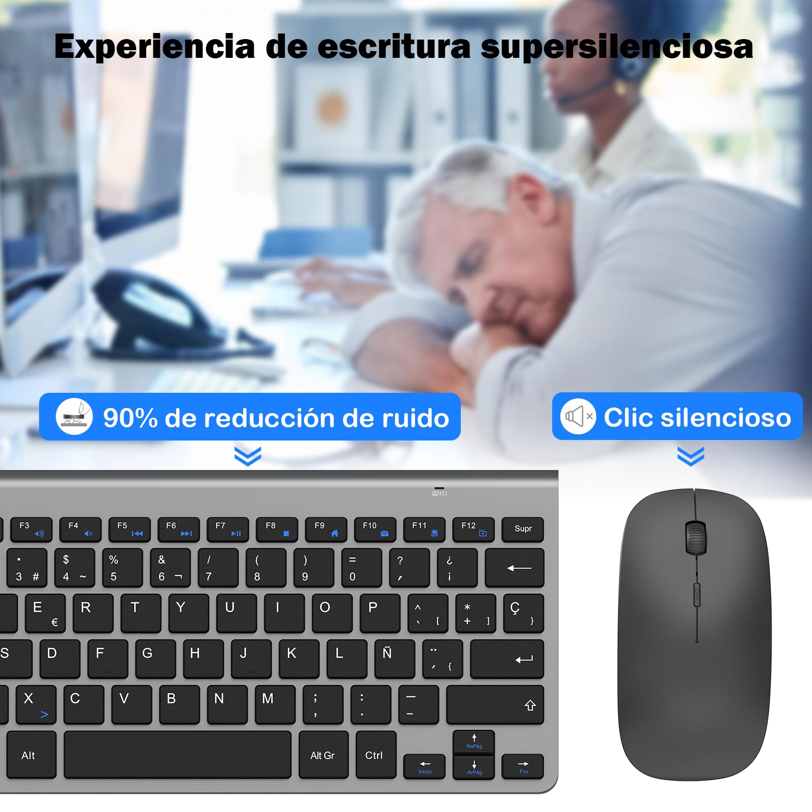 PINKCAT Teclado y ratón inalámbricos, 2.4G Set de Teclado Ultrafino y ratón ergonómico silencioso con 12 accesos directos Multimedia para Ordenador, PC, Tableta, Ordenador de sobremesa (Gris Oscuro)