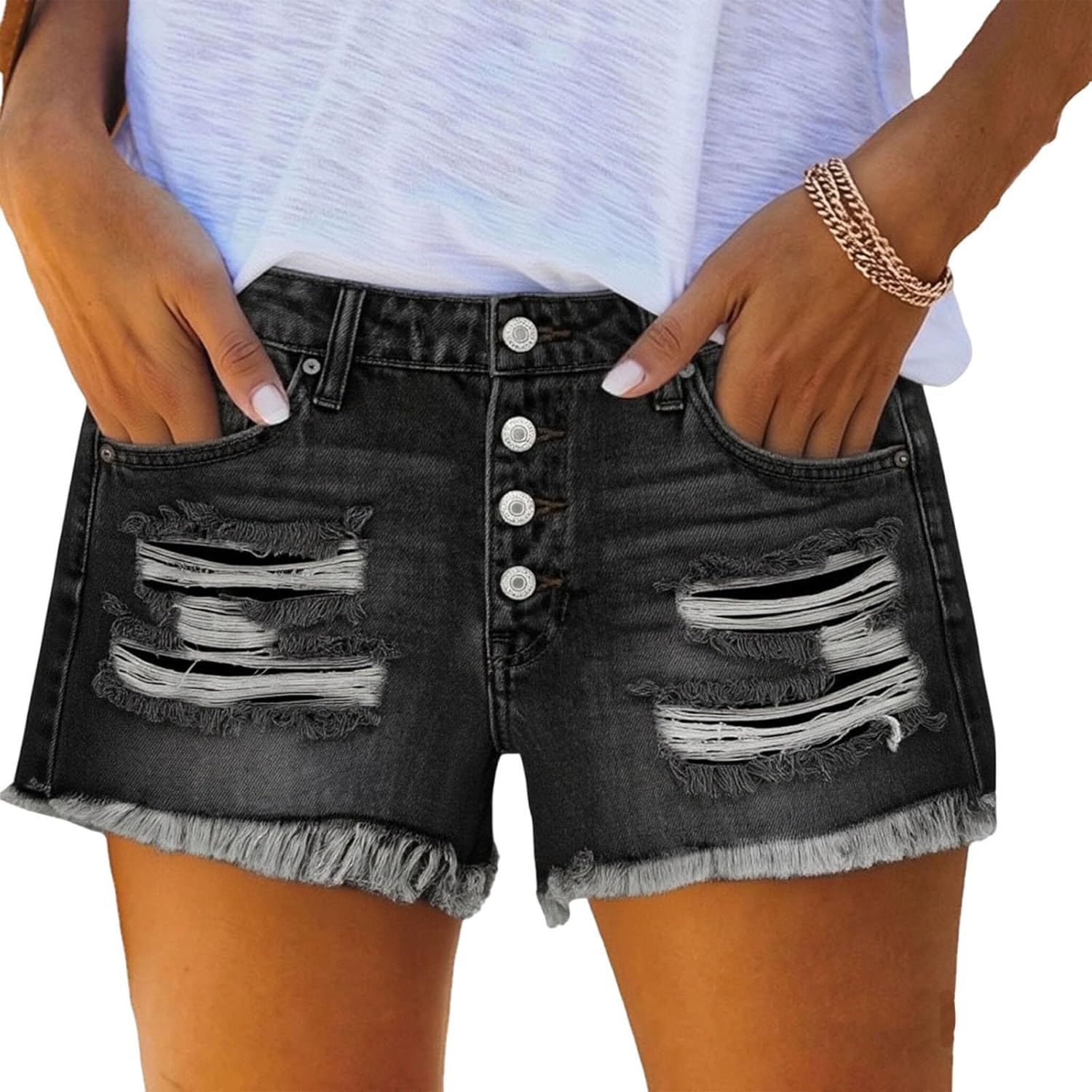 GOHRSHA Jean Shorts Womens Distressed Style Fringe Ripped Frayed Denim Shorts Mid Rise Stretchy Summer Fashion Streetwear