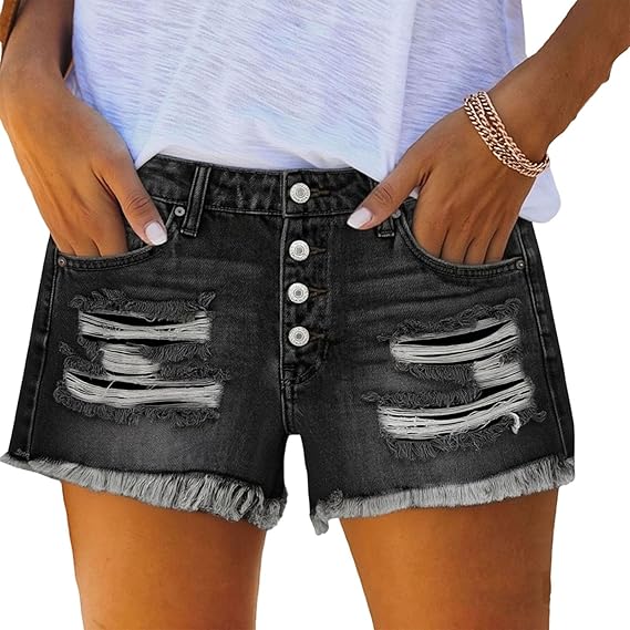 Shorts en denim pour femmes à taille moyenne (Mid Rise), ripped (Ripped) et stretch (Stretchy), Jeans Shorts with Pockets, tendance, ourlet brut et frangé (Frayed Raw Hem), casual été, Short Pants