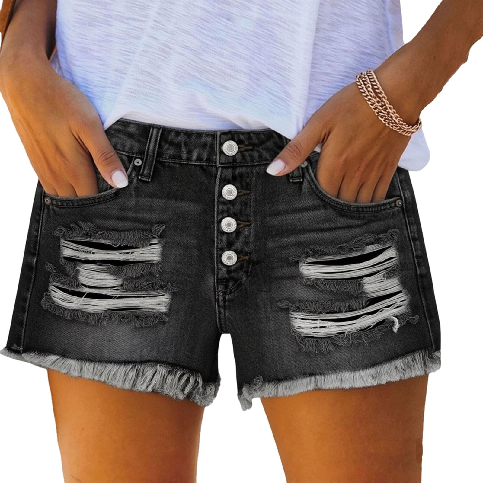 Aopir Women's A01-Black Denim Shorts Ripped Distressed Raw Hem High Waisted Stretchy Comfy Summer Casual Wear Outfits
