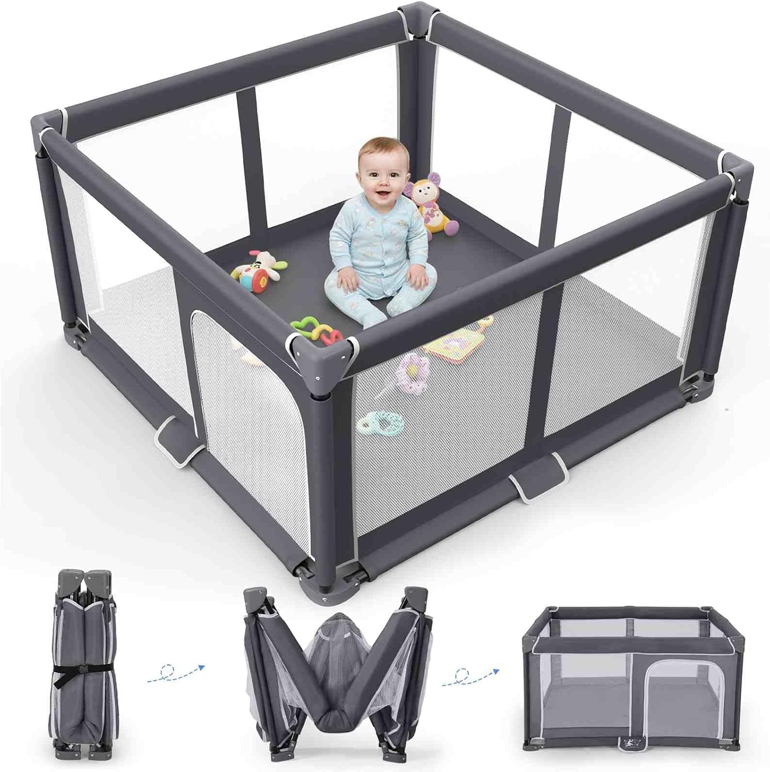 Foldable Baby Playpen Portable Travel Play Yard, Dark Gray | Safety Play Yard for Babies & Toddlers, Indoor & Outdoor Use, Carry Bag Included, Collapsible, Portable，Sturdy & Secure