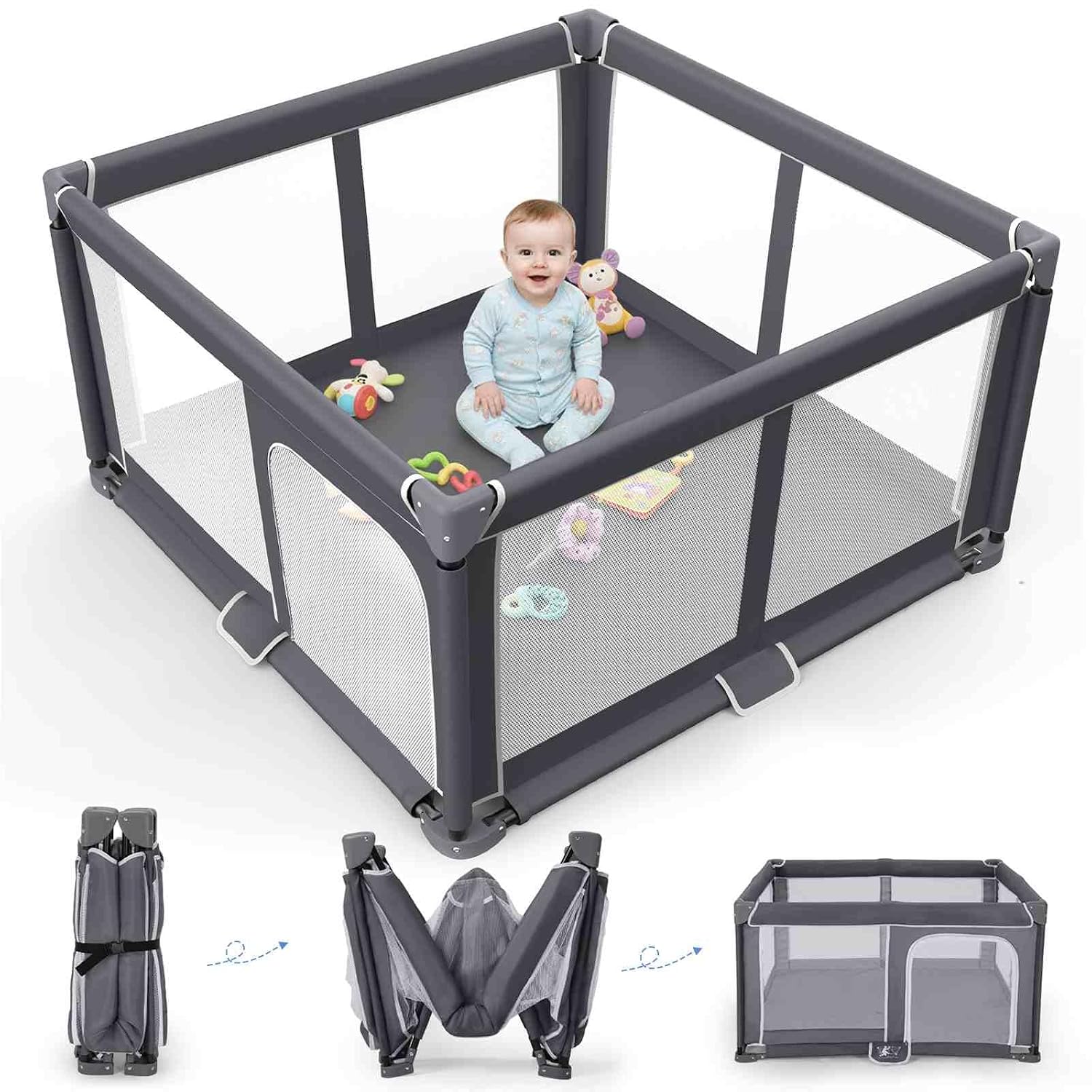 Foldable Baby Playpen Portable Travel Play Yard, Dark Gray | Safety Play Yard for Babies & Toddlers, Indoor & Outdoor Use, Carry Bag Included, Collapsible, Portable，Sturdy & Secure