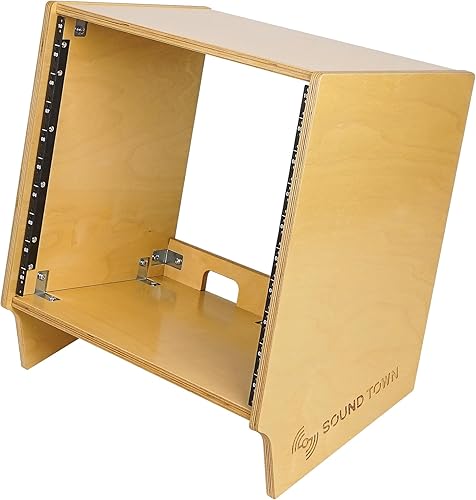 Miniatura 3 de Sound Town DIY 10U - Estante de estudio de escritorio en ángulo con torreta, 10U, madera contrachapada de abedul báltico sólido, roble dorado,