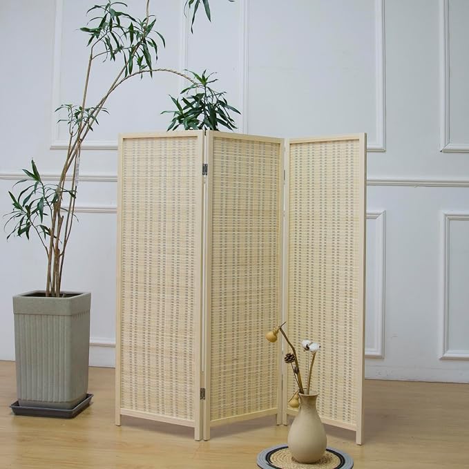 Divisor de habitación corto de 3 paneles, pantalla beige independiente, divisor de panel pequeño de bambú para separación de habitación, 3.95 pies de alto miniatura 4