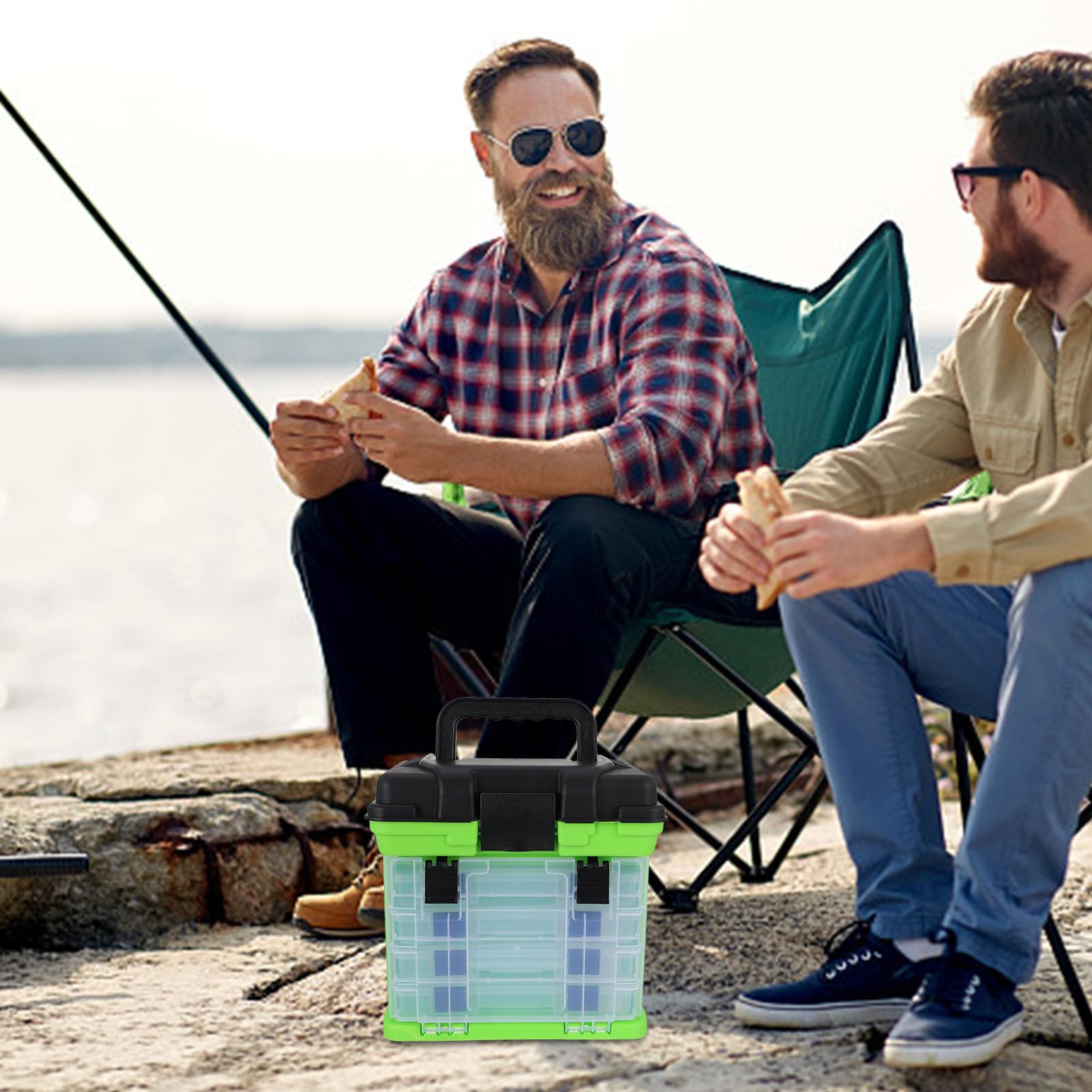 Hohopeti Boîte de Rangement Grosse Capacité pour Outils de Pêche Protection Optimale en Plastique Vert 4 Couches et Poignée Portable Pêche en Mer
