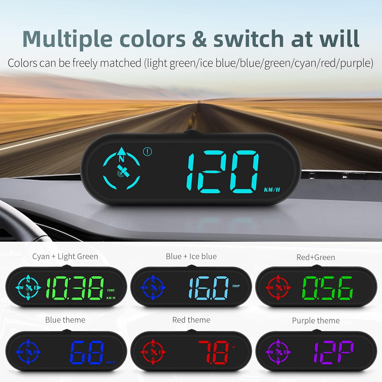 7 Light Colors USB GPS Car HUD Head Up Display KM/H MPH Speedometer Speeding Alarm Fatigue Driving Reminder Compass Car Auto Accessories