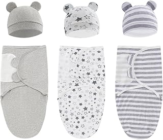 3 Pack Baby Swaddle with Hat, Soft Cotton Swaddle Blankets Velcro Swaddle Wrap Baby Sleep Sack, Adjustable Newborn Swaddle for 0-3 Months Baby (Boy)