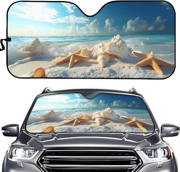 Renewold Beach Starfish Seashell Sunshade for Car Windshield Car Window Cover Foldable Sun Shade UV Rays Sunlight Sun Visor Shield Protector Car Accessories Keep Your Vehicle Cool for Women Men