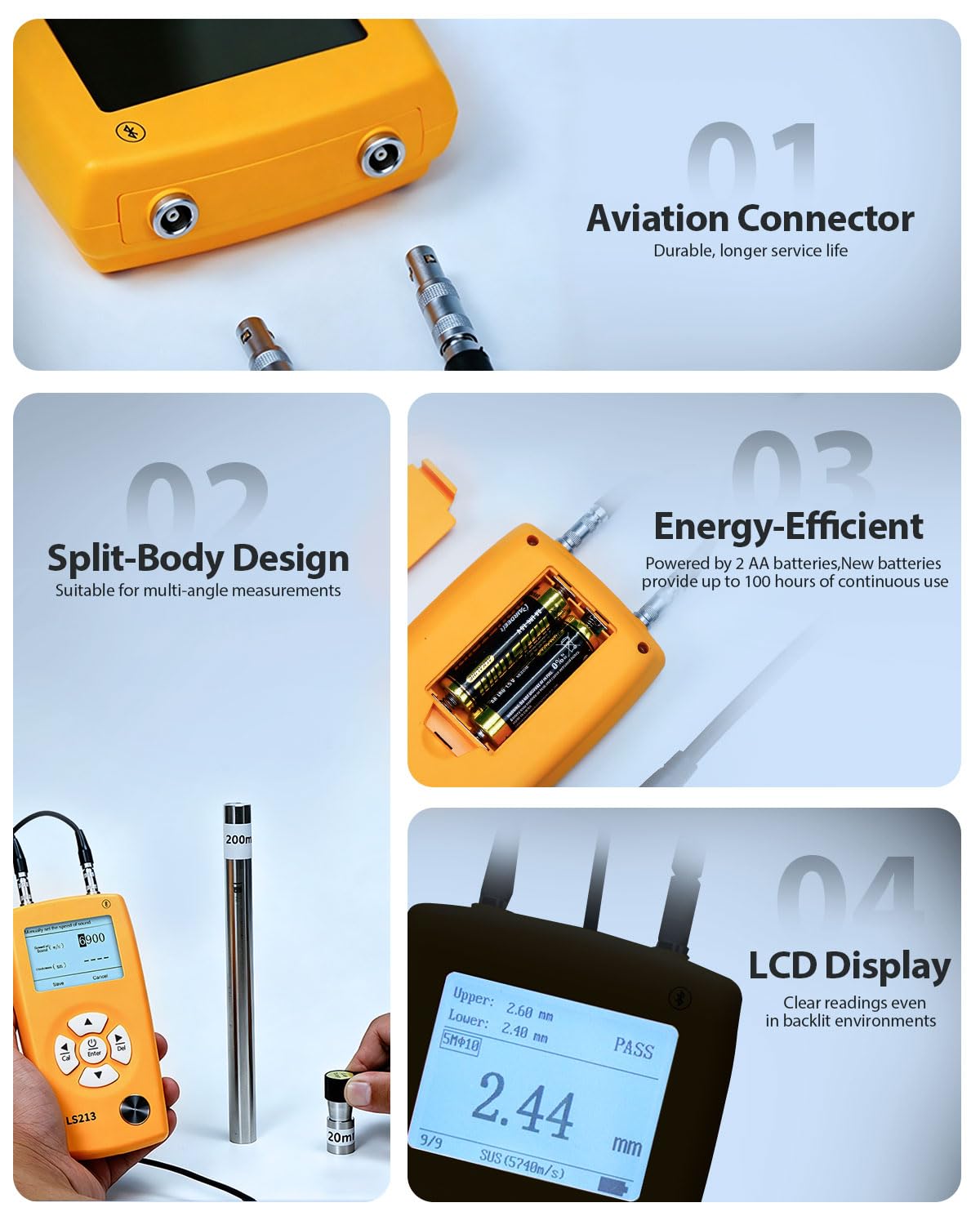 Spessimetro Digitale Ultrasuoni Intervallo di Misura 0,8-350mm, sonda da 5MHz φ10 mm, Compatibile con App e 999 Dati, Thickness Gauge per Acciaio, Metallo, Plastica, Vetro, Ceramica