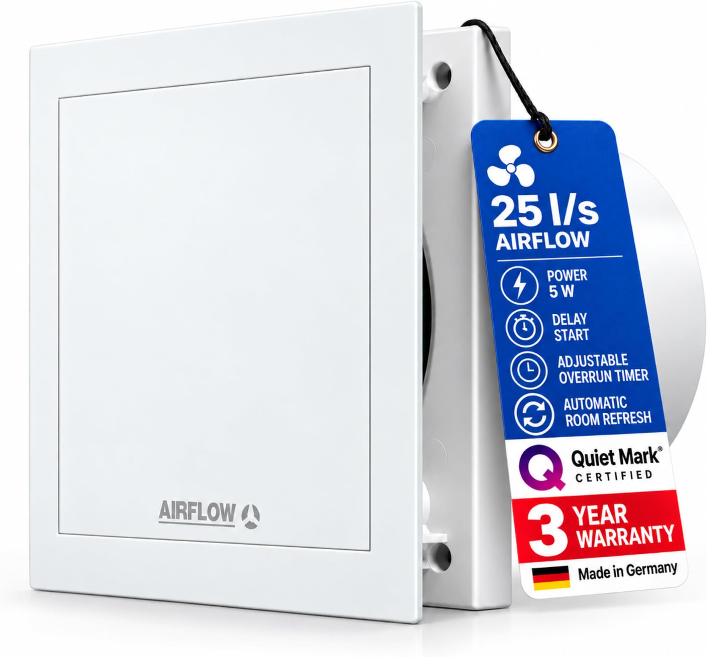 Air Flow QT100T (9041260) Quiet Timer Version Two Speed 100mm Extractor Fan, 9 W, White, Spigot