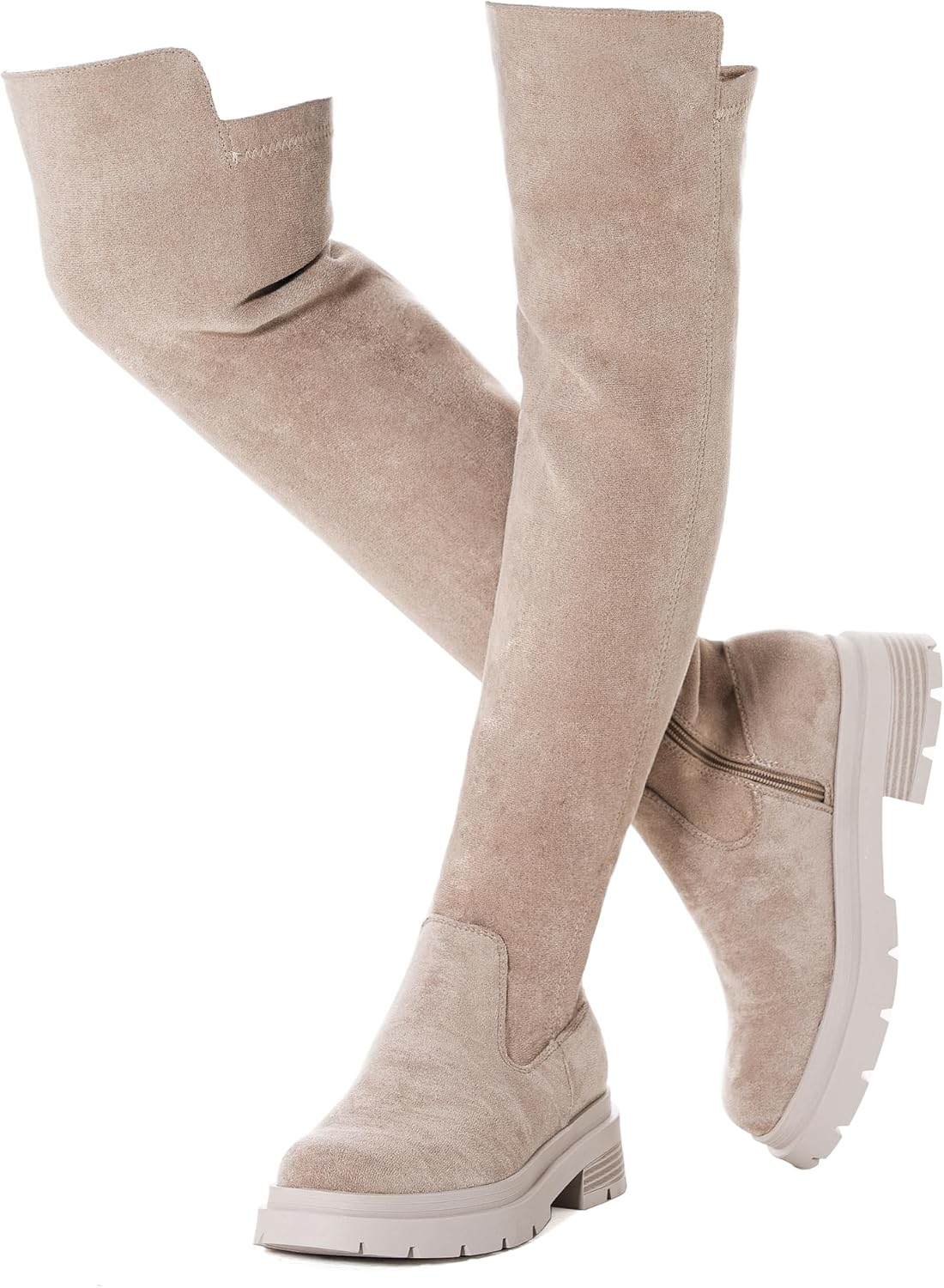 N.N.G Over The Knee Combat Boots, Black Brown Beige Suede, Platform Lug Sole with 2 Inch Heel, Side Zipper for Women, Streetwear Fashion