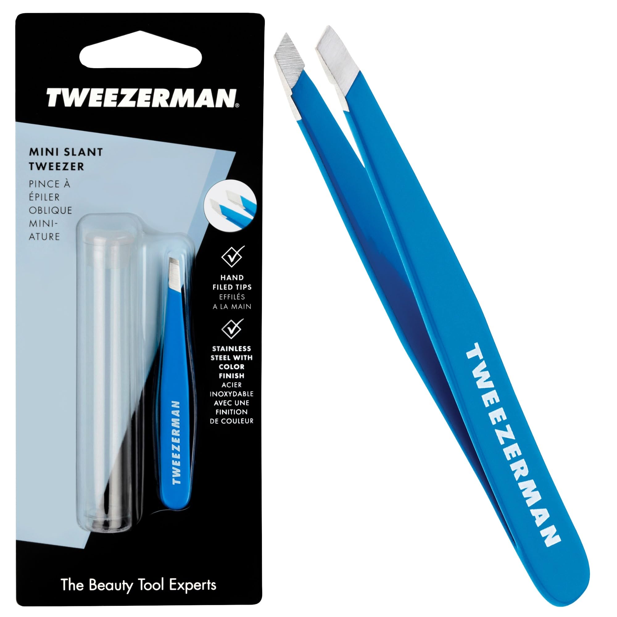 Tweezerman Mini Slant Tweezer, Professional Stainless Steel Precision Tweezers for Facial Hair and Eyebrows, with Travel Case, (Pack of 1)