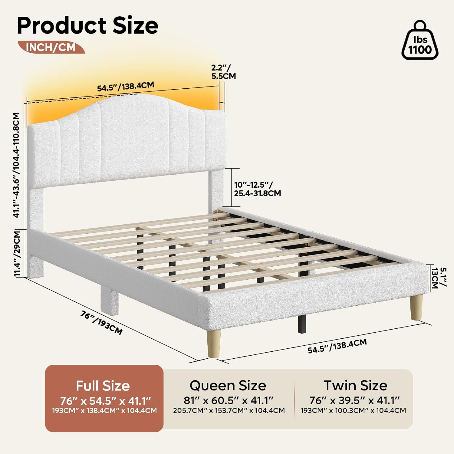 Diagram showing dimensions and structure of the bed frame