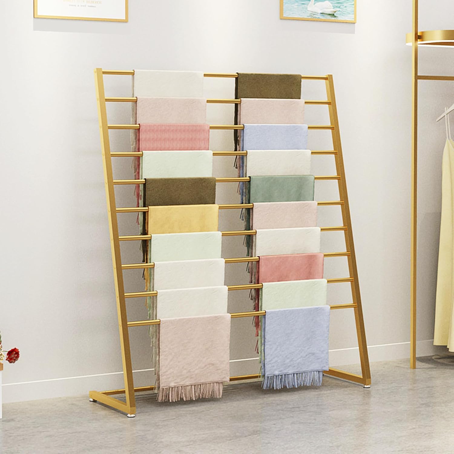 asdchZen Scarf Display Stand, 10 Tier Metal Scarf Holder Organizer, Freestanding Scarf Rack For Commercial Clothing Retail Store Towel Rack Ties Belt Pants Hanging Rack-White-60Cm,Gold-60cm