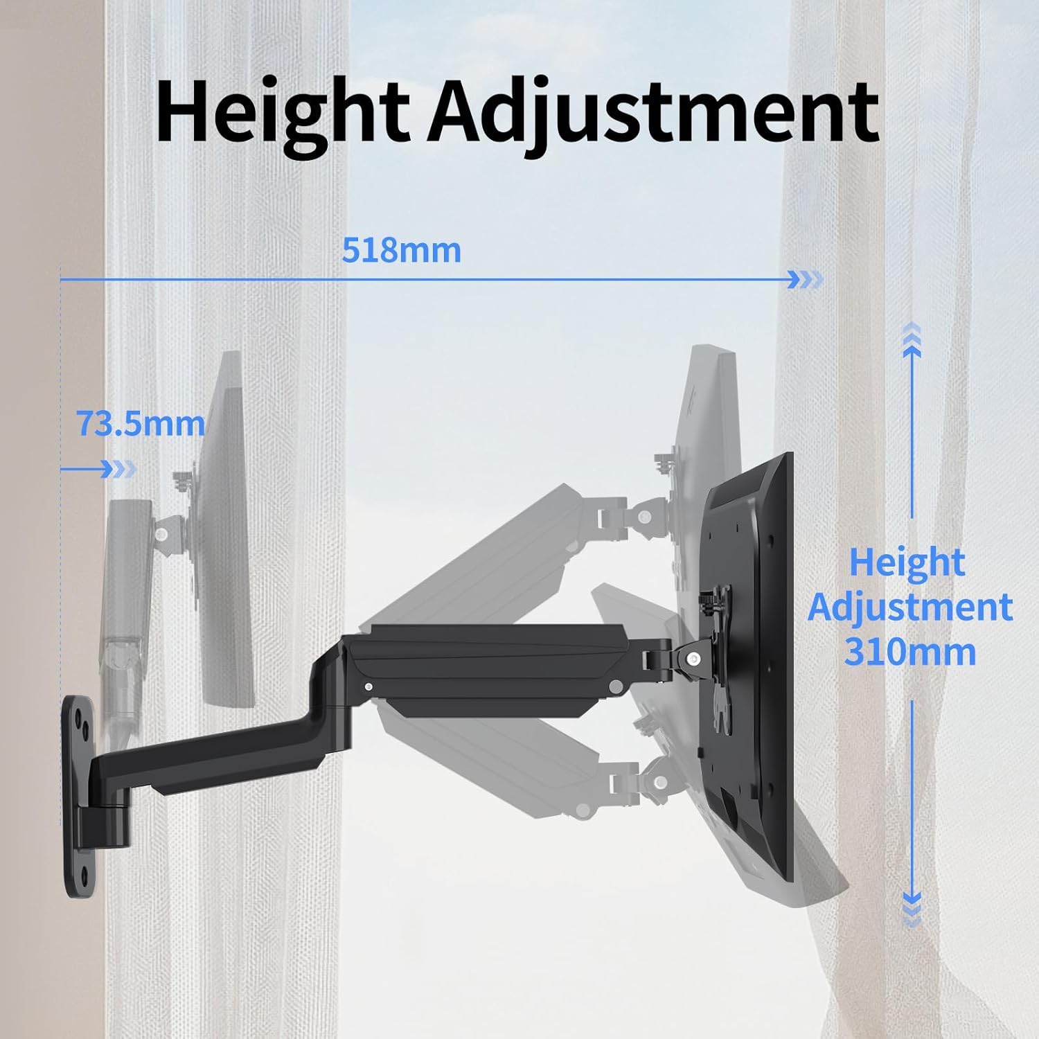 Diagram showing height adjustment range of 310mm and extension of 518mm