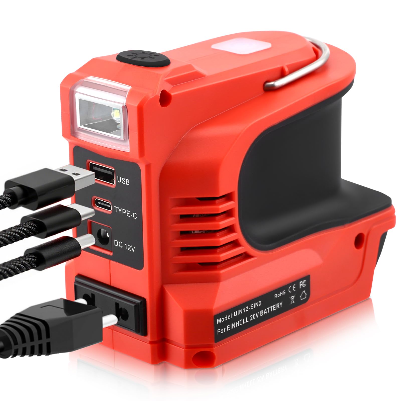 220W Wechselrichter für Einhell 18V Akku, DC 18V auf AC 220-230V Spannungswandler Adapter mit USB Typ-C DC12V Anschluss und LED Lampe, Notstromaggregat für Camping