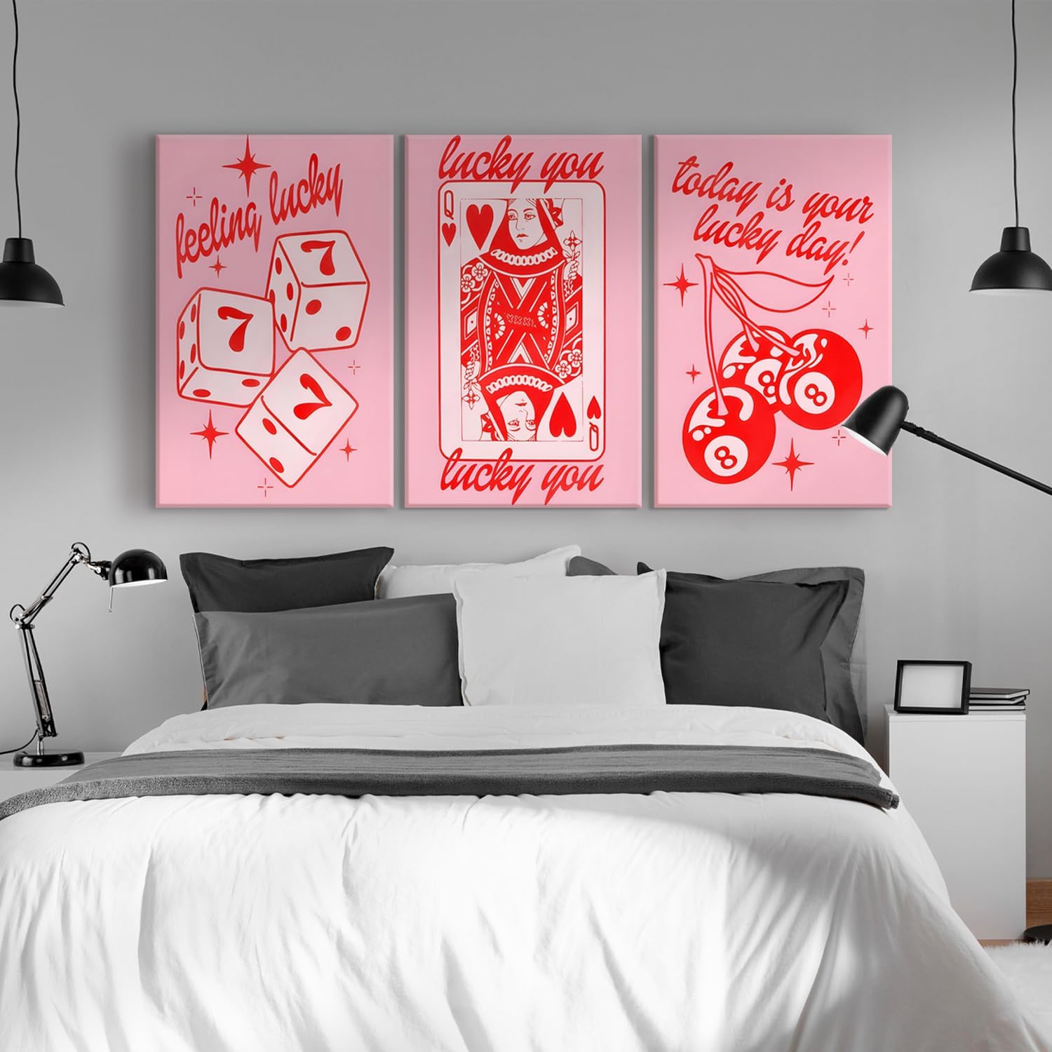 3Pcs Framed Pink Lucky You Canvas Wall Art Pink Dice wall Decor Queen Hearts Poker Posters Lucky Number 7 Preppy Pictures prints Trendy Preppy style Decor Painting(12x16in x3 Pcs Framed)