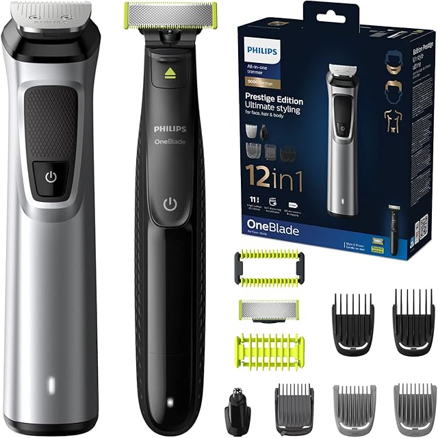 Philips Multigroom series 9000 MG9710/90, 12 w 1, do twarzy, włosów i ciała, 12 nasadek Samoostrzące się metalowe ostrza Czas pracy  do 120 min Możliwość korzystania pod prysznicem