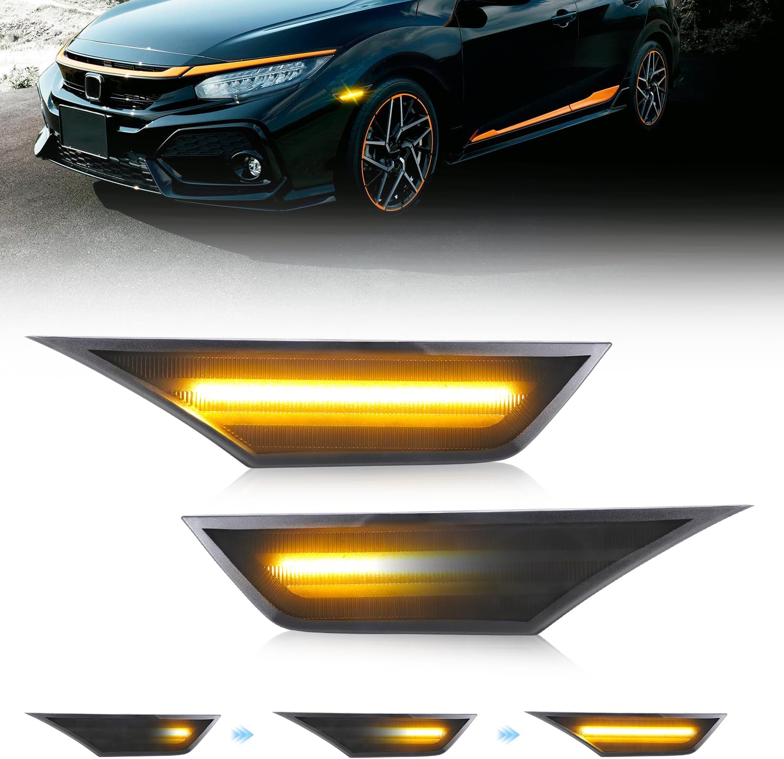 OPP ULITE Civic Side Marker Lights, Amber Sequential Flowing Turn Signal Switchback Light, Plug N Play, Smoked Len for Honda Civic 2016 2017 2018 2019 2020