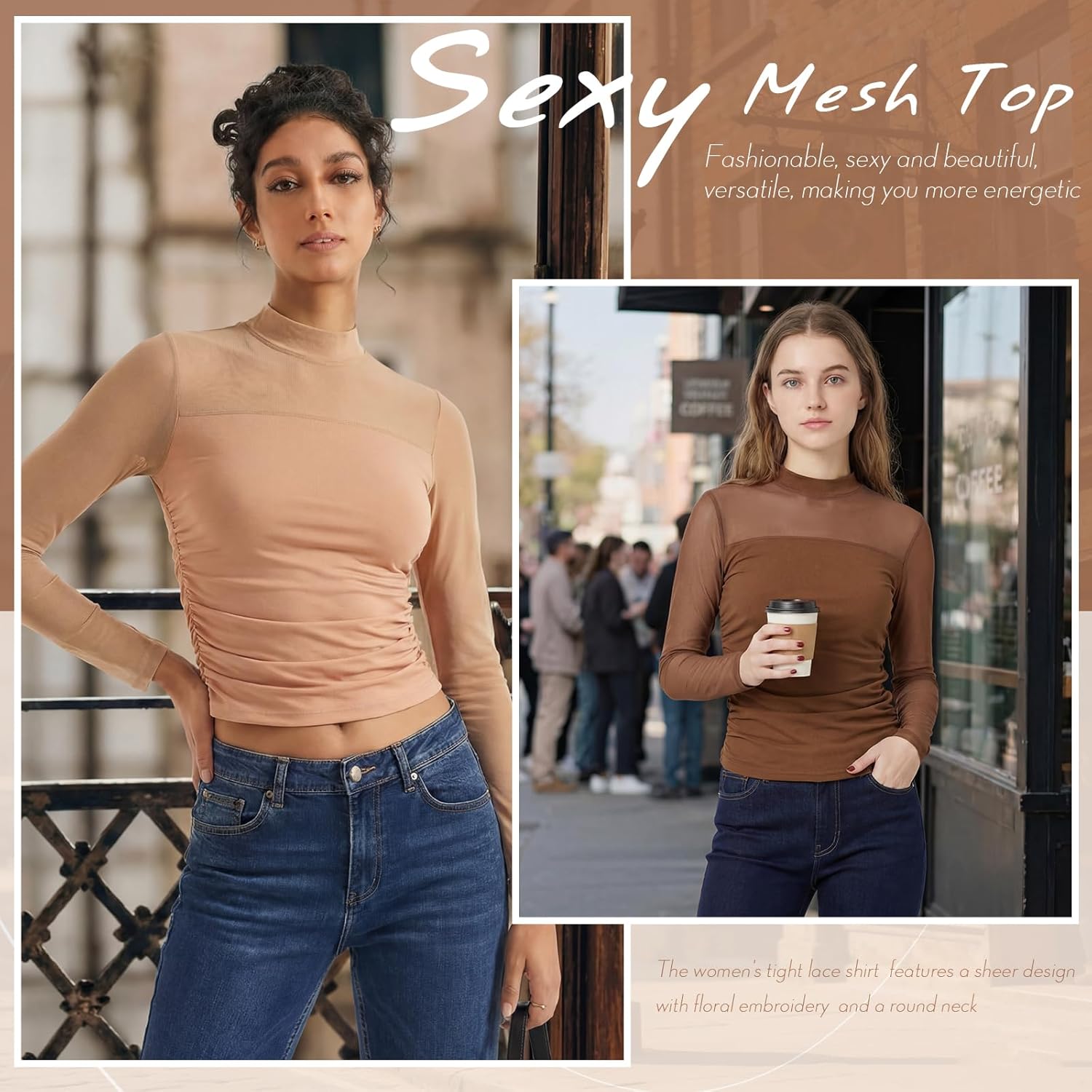 Capoda 3 Pack Women Sheer Mesh Tops Long Sleeve Mock Turtle Neck Shirts Ruched Fitted Blouse Trendy Going Out Party Clubwear - Image 6