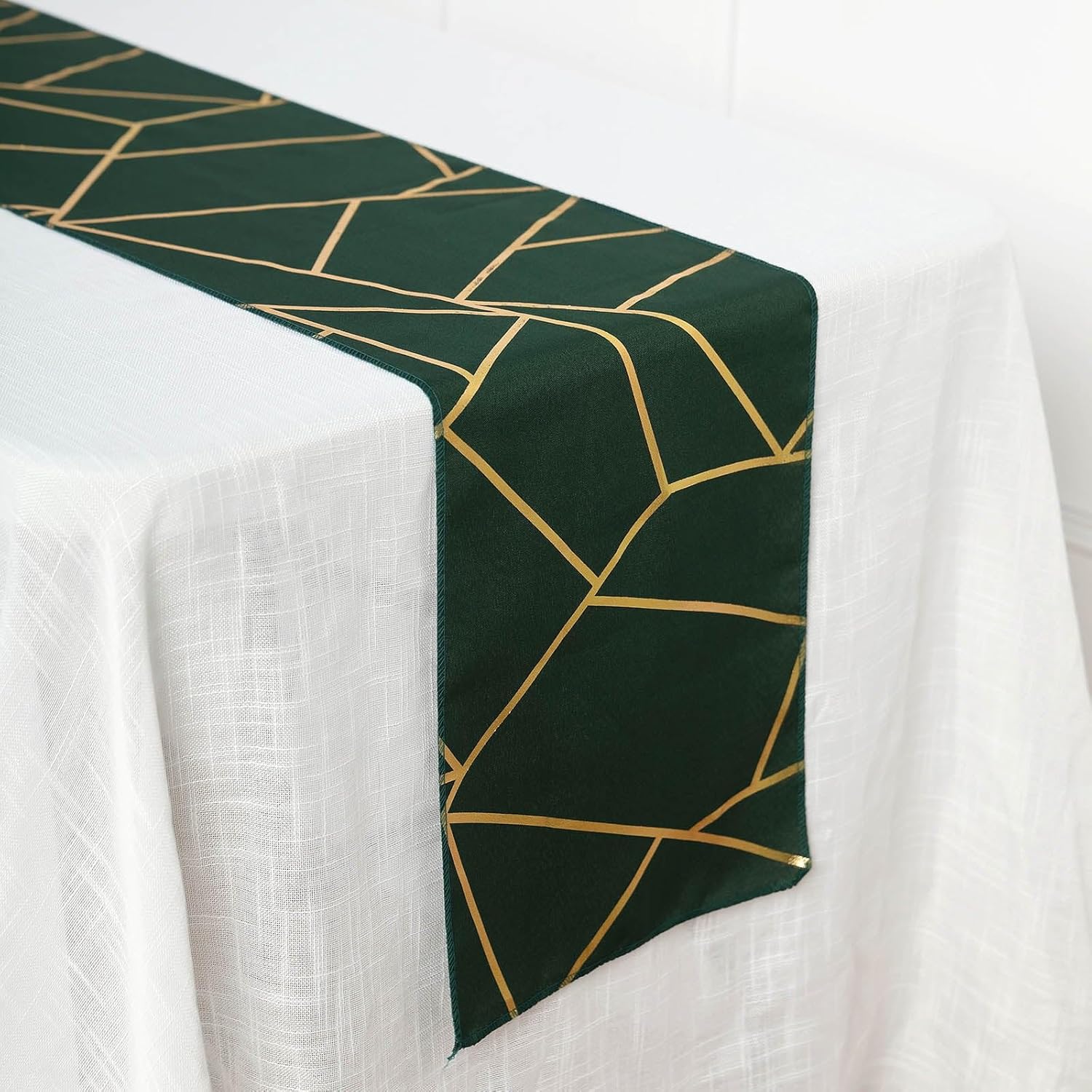Efavormart 9FT Hunter Emerald Green Geometric Table Runner with Gold Foil Patterns