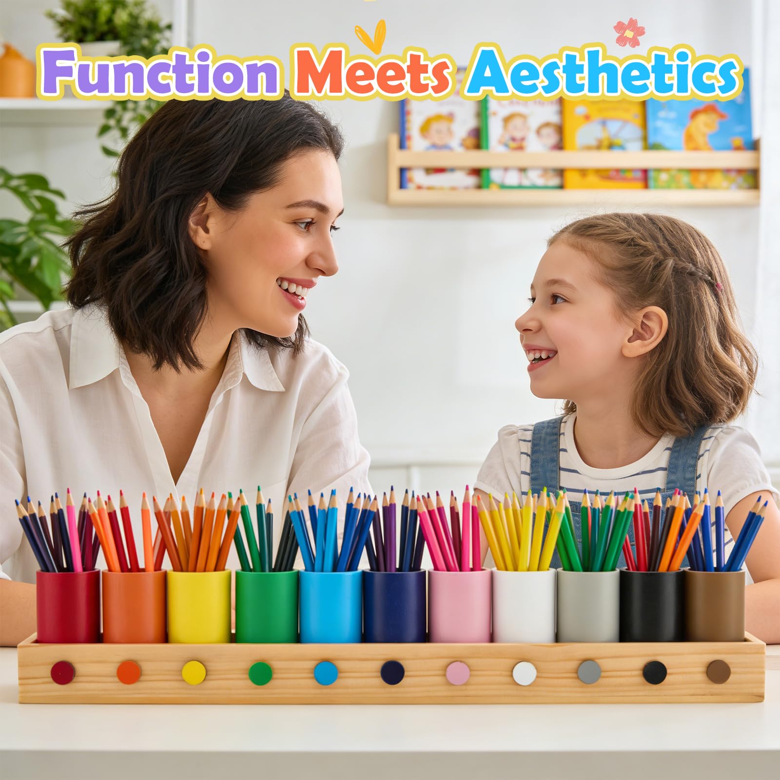 Portapenne e organizer da scrivania in legno massiccio, 11 scomparti, 46 x 5,8 x 8 cm, in legno con finestrelle, portapenne per scuola, home office e cameretta dei bambini