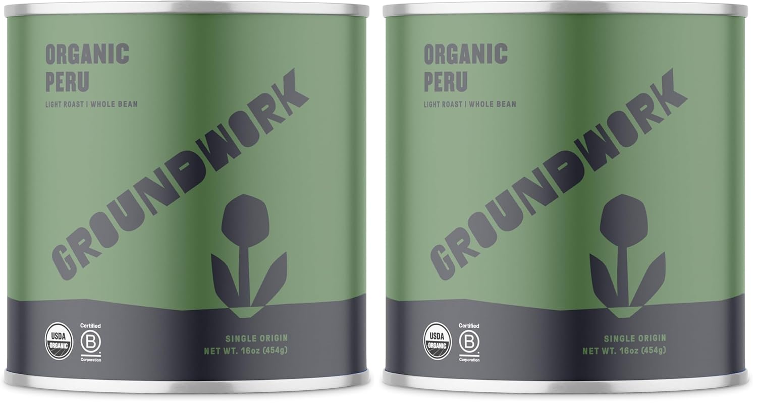 Groundwork Organic Whole Bean Light Roast Coffee, Peru, 16 Ounce Can (Pack of 2)