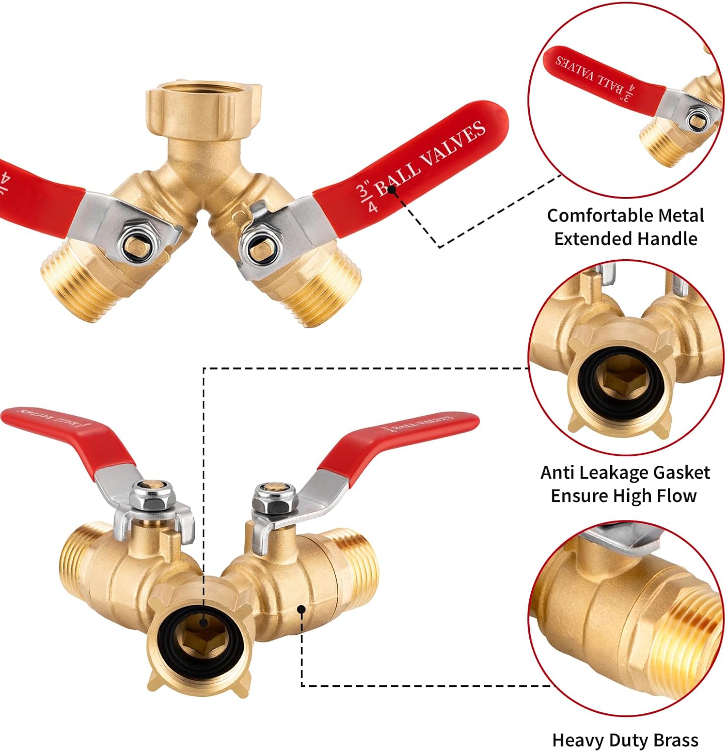 Hose Splitter 2 Way Heavy Duty, 3/4 Inch GHT Thread Y Valve Garden Hose Splitter with 304 Stainless Steel Long Handle Outdoor Faucet Splitter for Watering, Irrigation, Washing