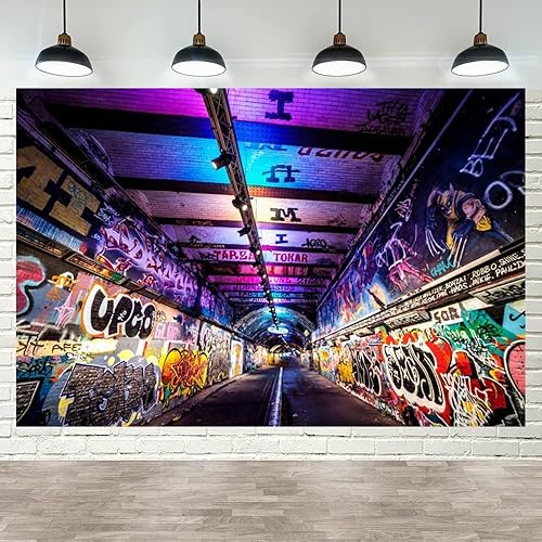 Miniatura 5 de DASHAN Telón de fondo de hip hop para decoración de fiesta temática musical, 7 x 5 pies, colorido graffiti arte para fotografía, hip hop funk, fondo