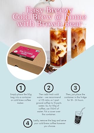 Cold Brew Coffee 500g - Colombia - 10 x 50g Single Serve Ground Coffee Bags For Iced Cold Brew Makers - 50g Makes 750ml - Brown Bear