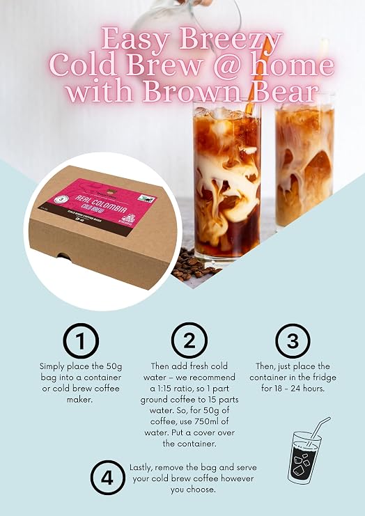 Cold Brew Coffee 500g - Colombia - 10 x 50g Single Serve Ground Coffee Bags For Iced Cold Brew Makers - 50g Makes 750ml - Brown Bear