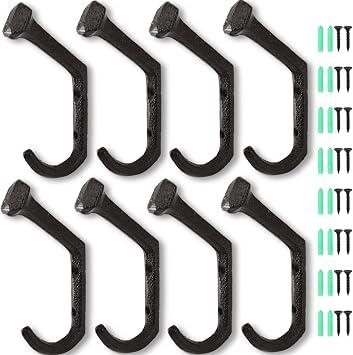 Dicunoy 8PCS Rustic Cast Iron Hooks, Wall Mounted Farmhouse Coat Hangers, Heavy Duty Vintage Black Railroad Spike Hooks for Hanging Coats, Bags, Hats, Towels, Keys, Clothes, Scarf