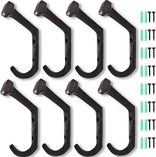 Dicunoy 8PCS Rustic Cast Iron Hooks, Wall Mounted Farmhouse Coat Hangers, Heavy Duty Vintage Black Railroad Spike Hooks for Hanging Coats, Bags, Hats, Towels, Keys, Clothes, Scarf