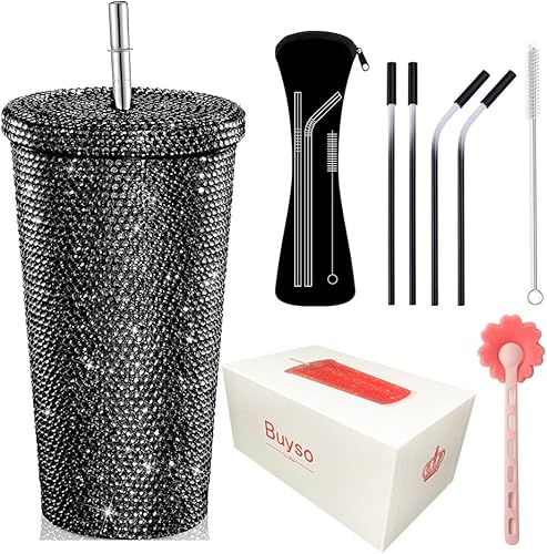 Miniatura 12 de Vaso térmico con diamantes de imitación con tapa, reutilizable, aislado de acero inoxidable con diamantes de imitación de primera calidad, botella