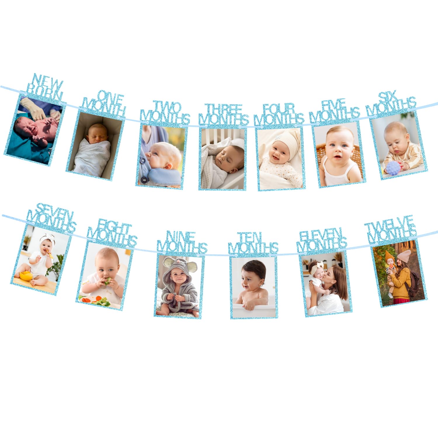 1st Birthday Baby Photo Banner, Boys Girls First Birthday Banner | Newborn to 12 Months Party Decoration | Glitter Photo Bunting Garland | for Party Decoration (Blue)