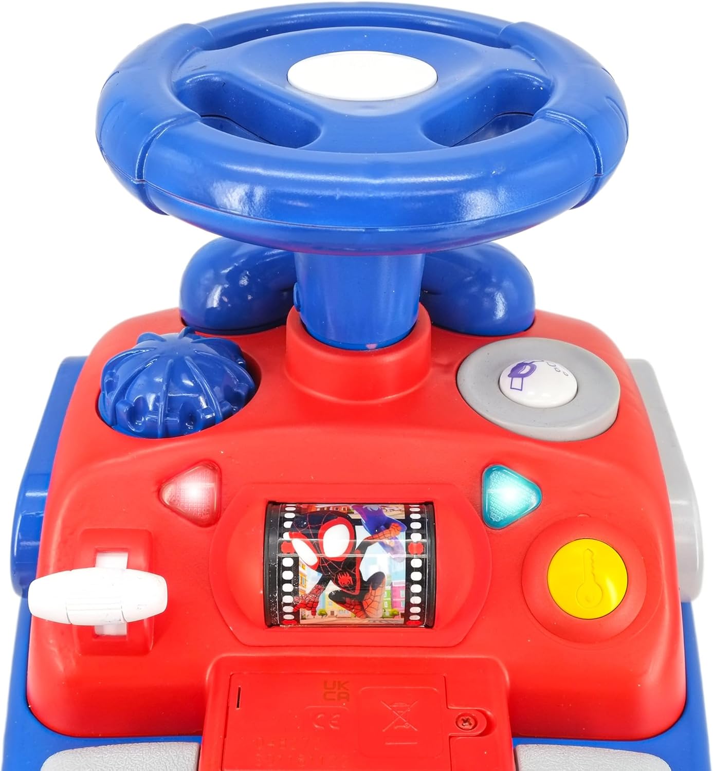 Kiddieland Toddler Ride-On with Lights & Sounds, Foot-to-Floor Car, Interactive Dashboard with Clock and Phone, Amazing Spidey Theme, 12–36 Months, 55 lb Limit, Batteries Included