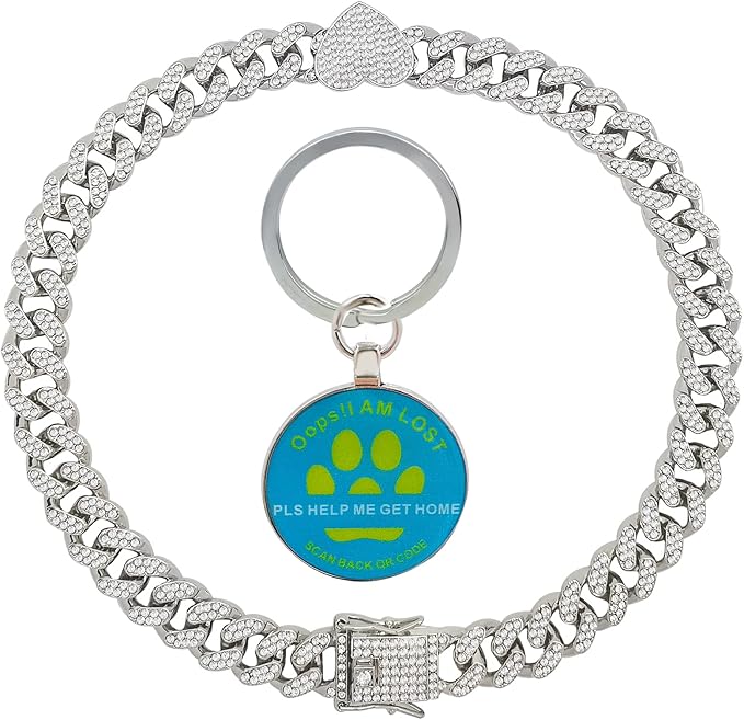 Silver Dog Chain Collar, Walking Diamond Cuban Collar
