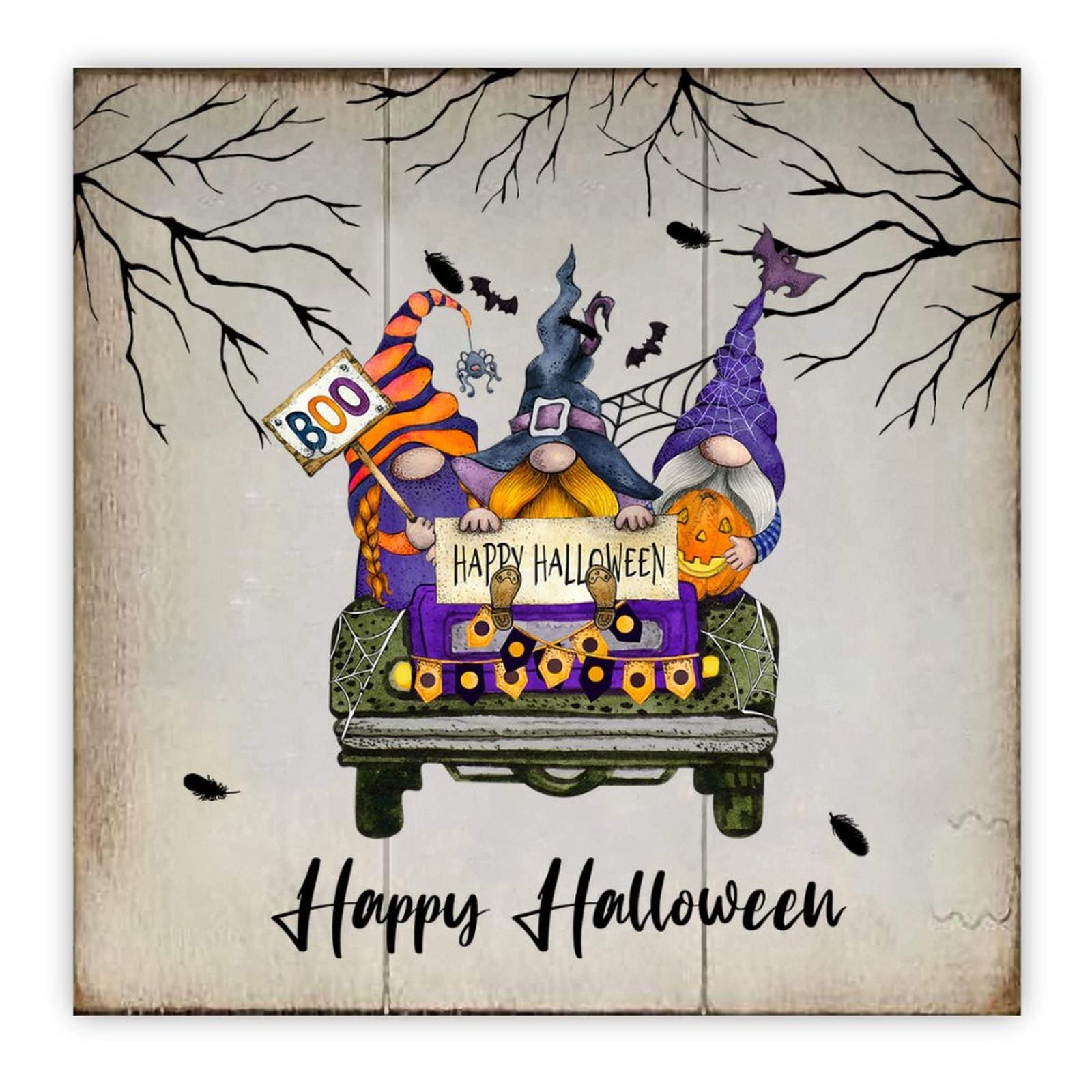 Panneau en bois Happy Halloween de 40 cm pour décoration murale noire d'horreur vintage
