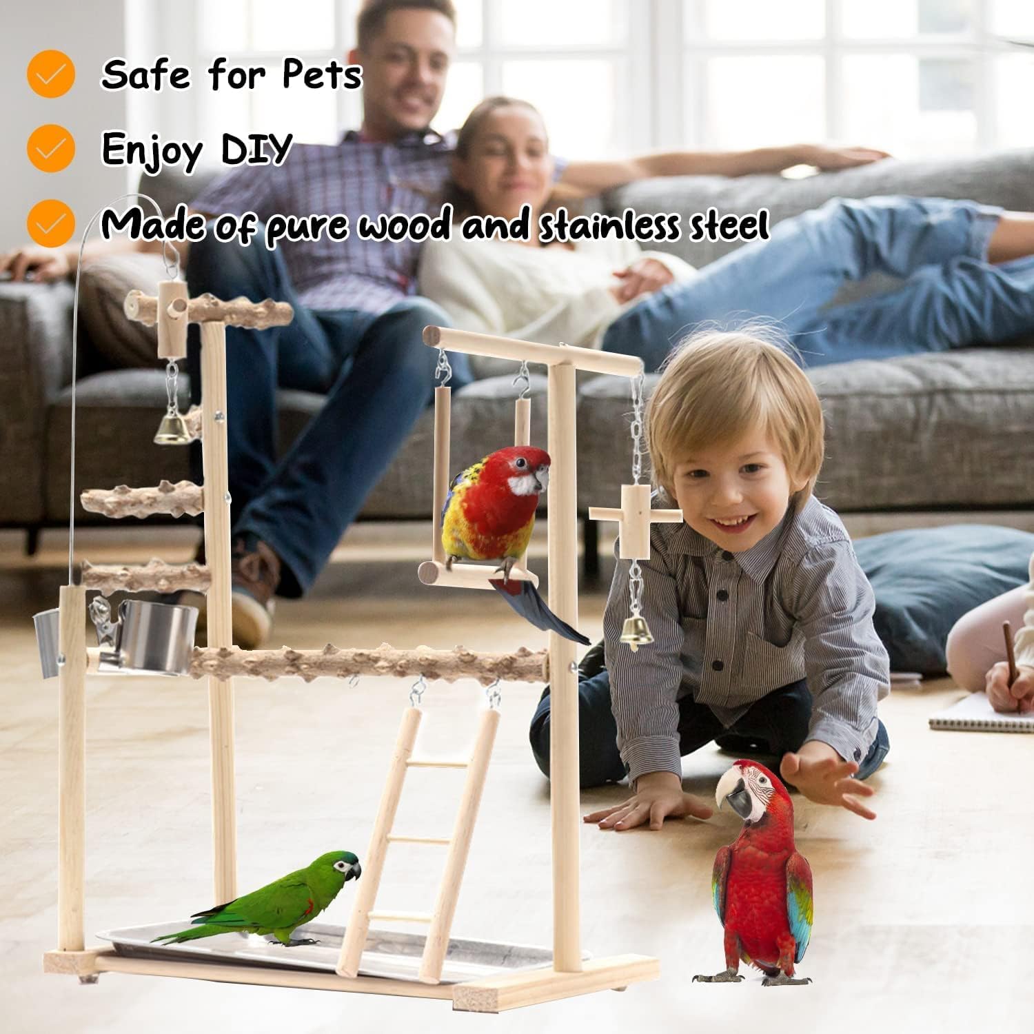 Parrot Bird Playground,Bird Play Gym Wood Perch Stand with Feeder Cups & Tray,Exercise Activity Center with Ladder Swing Bells,Bird Cage Accessories for Lovebirds Cockatiel Parakeet