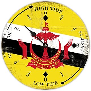 Rustic Wood Tide Clock Brunei Flags Ocean Time Wooden Clock Wood Moon Tidal Clock for Wall High and Low Tide Movement Clock for Seaside House Cottage Hotel Camping 15x15 in