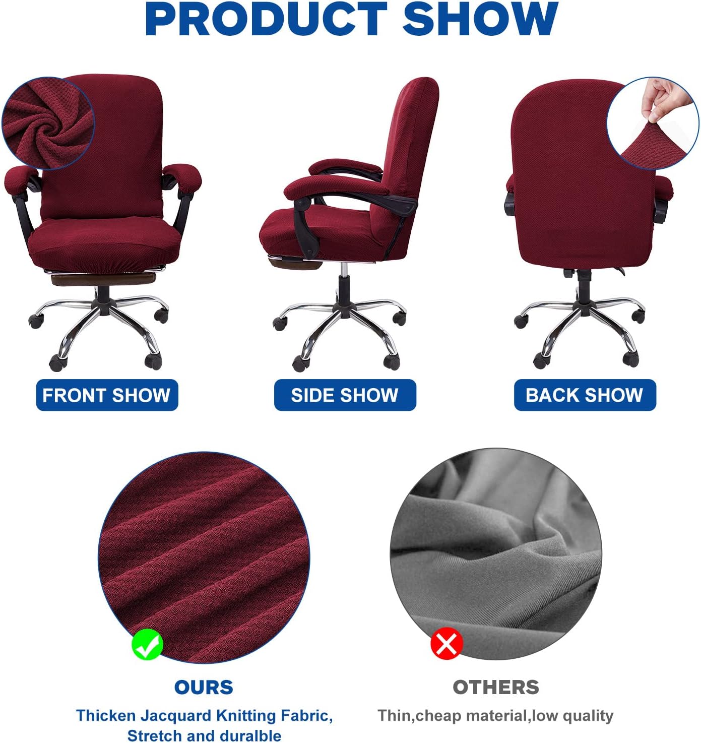 NeColorLife Office Chair Cover,Computer Seat Cover with Armrest Covers, Stretchable Jacquard Desk Chair Slipcover for High-Back Rotating (Large Size,Wine Red)