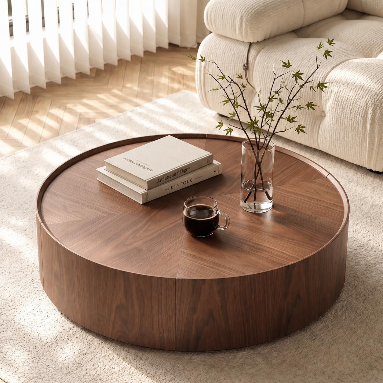 LKTART 35.4 Round Coffee Table with Hidden Storage Drawers, Walnut Finish