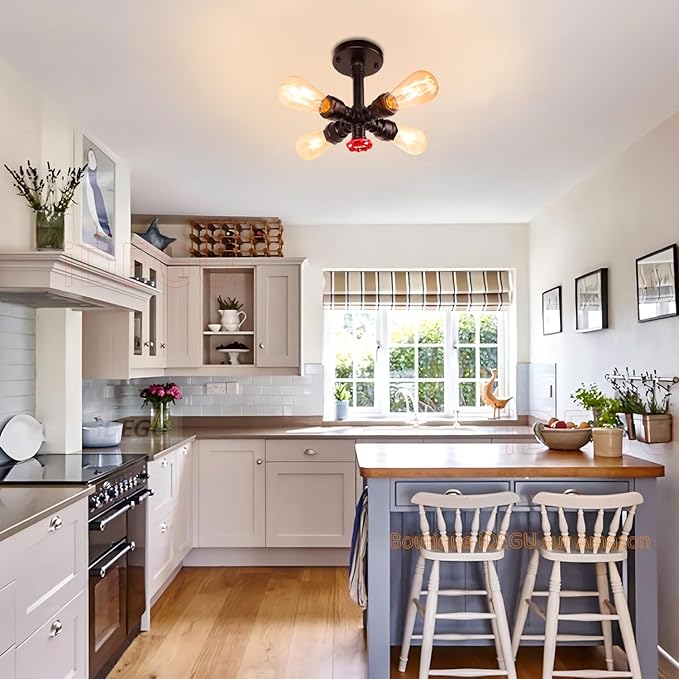 iDEGU iDEGU Industriële plafondlamp waterbuis lamp 4 lampen E27 fitting plafondlamp vintage buis lampenkap, 22CM (zwart) photo 3