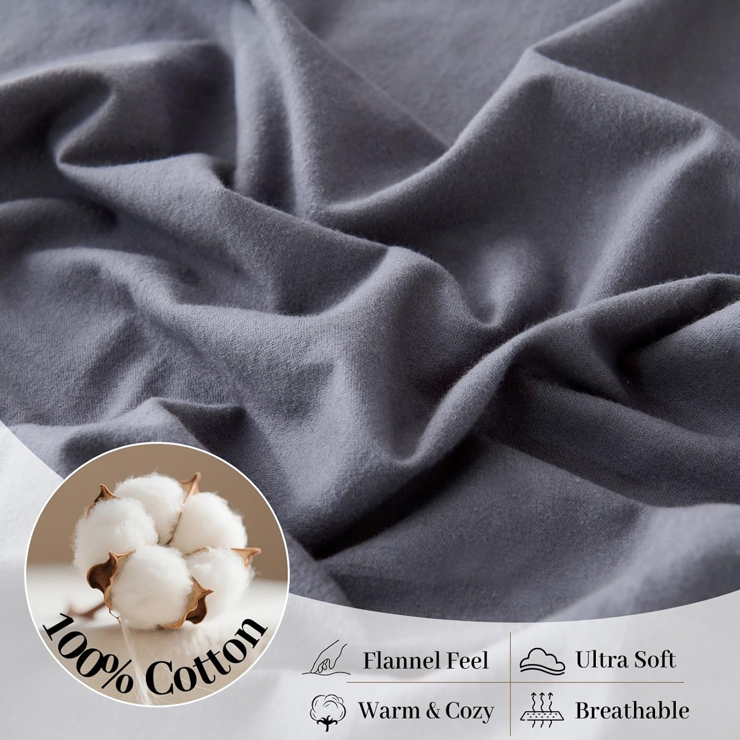 100% Cotton Flannel Sheets, Ultra Soft Cozy Warm Bed Sheets Set for All Season, 16" Deep Pocket, 4PC, King, Dark Gray