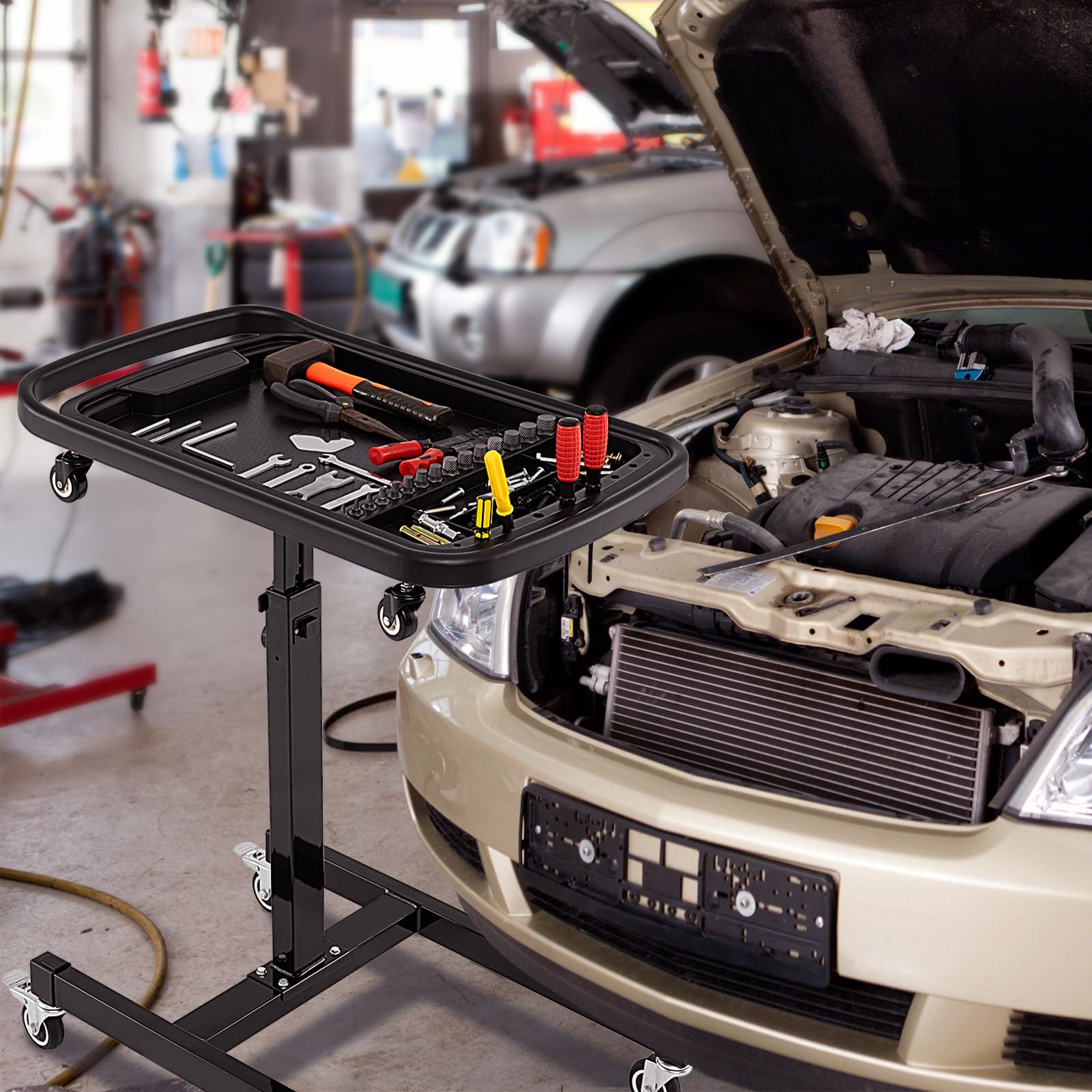 COSTWAY Stół narzędziowy 2 w 1, zwijany, stół roboczy z regulacją wysokości, ze zdejmowaną komorą, mechaniczny wózek narzędziowy do garażu, warsztatu, warsztatu, warsztatu, naprawy, obciążenie do 60