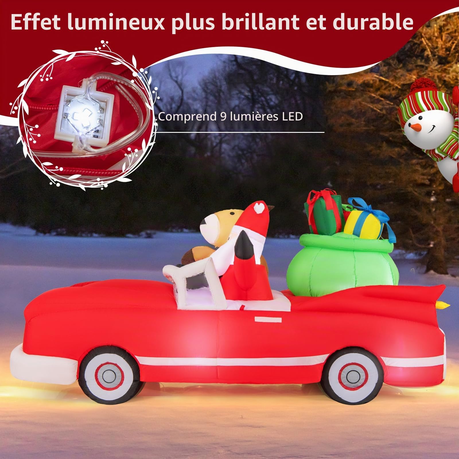 GOPLUS Décoration Noel Exterieur Interieur Gonflable 2,35 m Long, Père Noël Gonflable Lumineux et Renne Noel Conduit Voiture Rouge avec Cadeaux, Décoration Noël Inflable